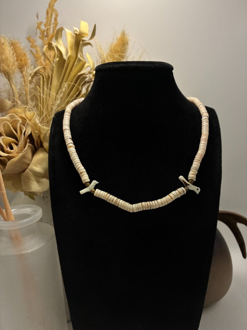 Vintage Natural Melon Shell Heishi Mother of Pearl Bird Fetish Necklace